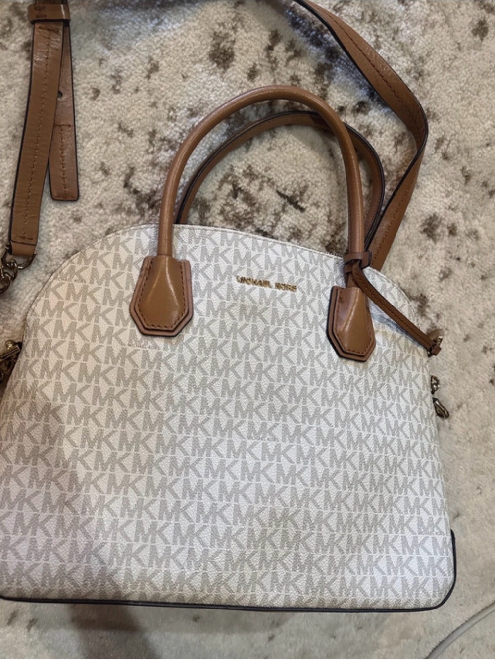 Michael Kors Logo Dome Satchel in Vanilla and Tan